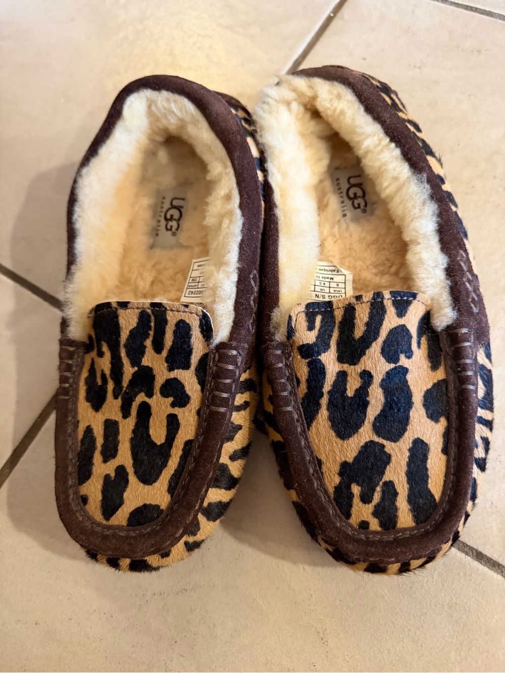 UGG Leopard Print Shearling Moccasin Slippers - Brown/Tan